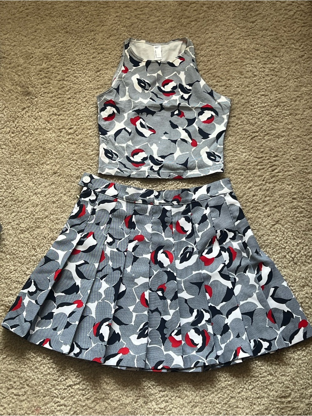 American Apparel Grey Floral Crop Top & Pleated Skirt Set with Red Accents